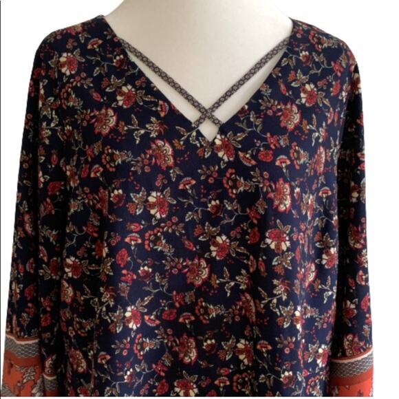 Love Richie Dress Tunic Navy Orange Mixed Floral Print Wide Sleeve Plus Size 1X - Picture 3 of 14